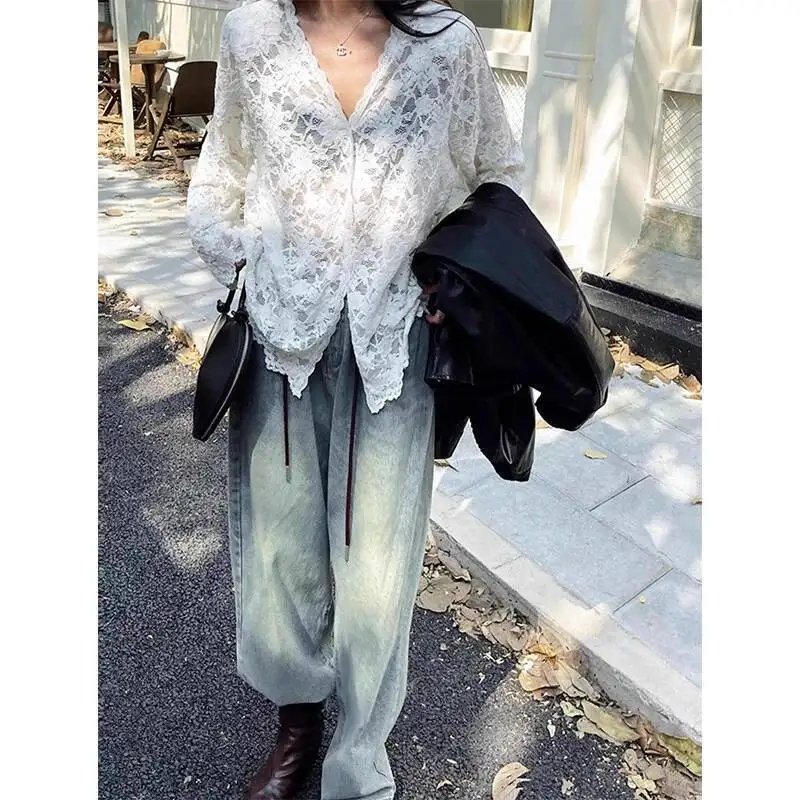 Y2K Kant Sheer Zwarte Shirts Vrouwen Streetwear Sexy Hollow Out Witte Blouses Koreaanse Esthetische Lange Mouwen Chic Zonwering Tops