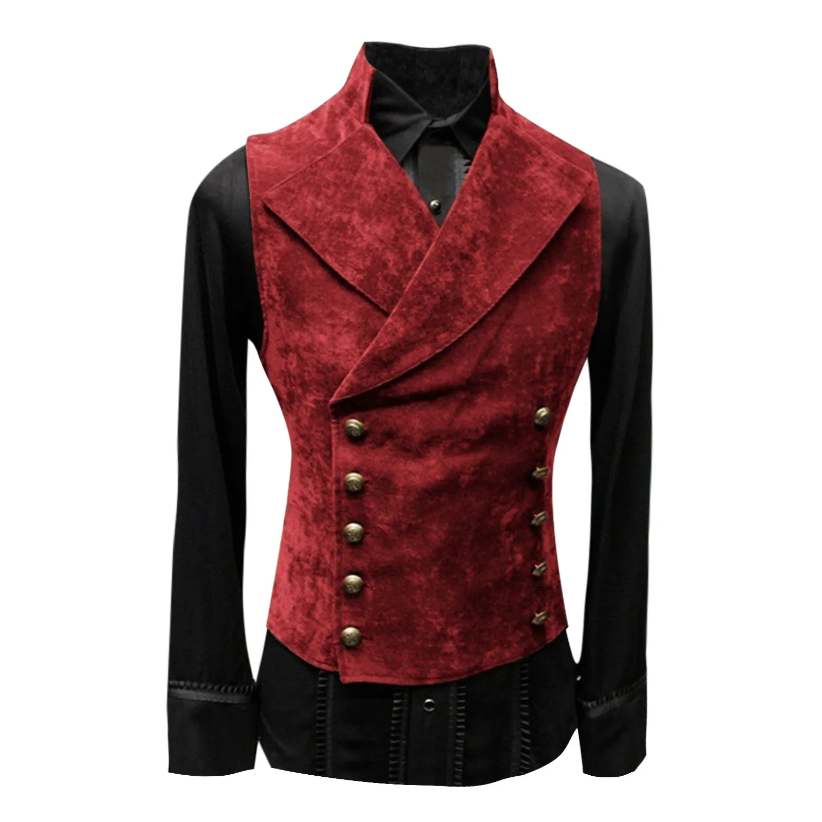 Mens Double Breasted Velvet Vest Stand Collar Medieval Victorian Waistcoat Gothic Steampunk Jacket Stage Cosplay Prom Costume