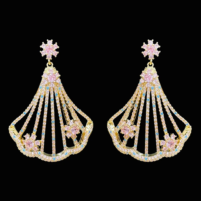 luxury earrings shell pendant blue pink zirconia jewelry gold color fan shape earrings women dinner party anniversary gift