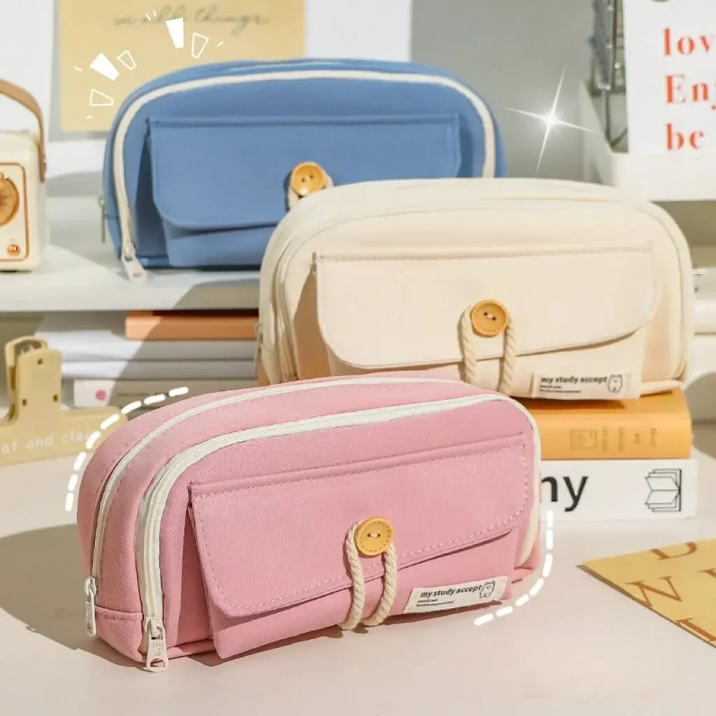 Cute Large Capacity Canvas Pencil Case for Student INS Style Simple Button Opening Pencil Storage Bag Supplies Stationery Pouch