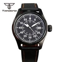 Tandorio Black PVD 39mm Pilot Dive Men's Mechanical Watch Automatic NH35 Movt Date Big Screw Crown Sapphire Aviator Wristwatch