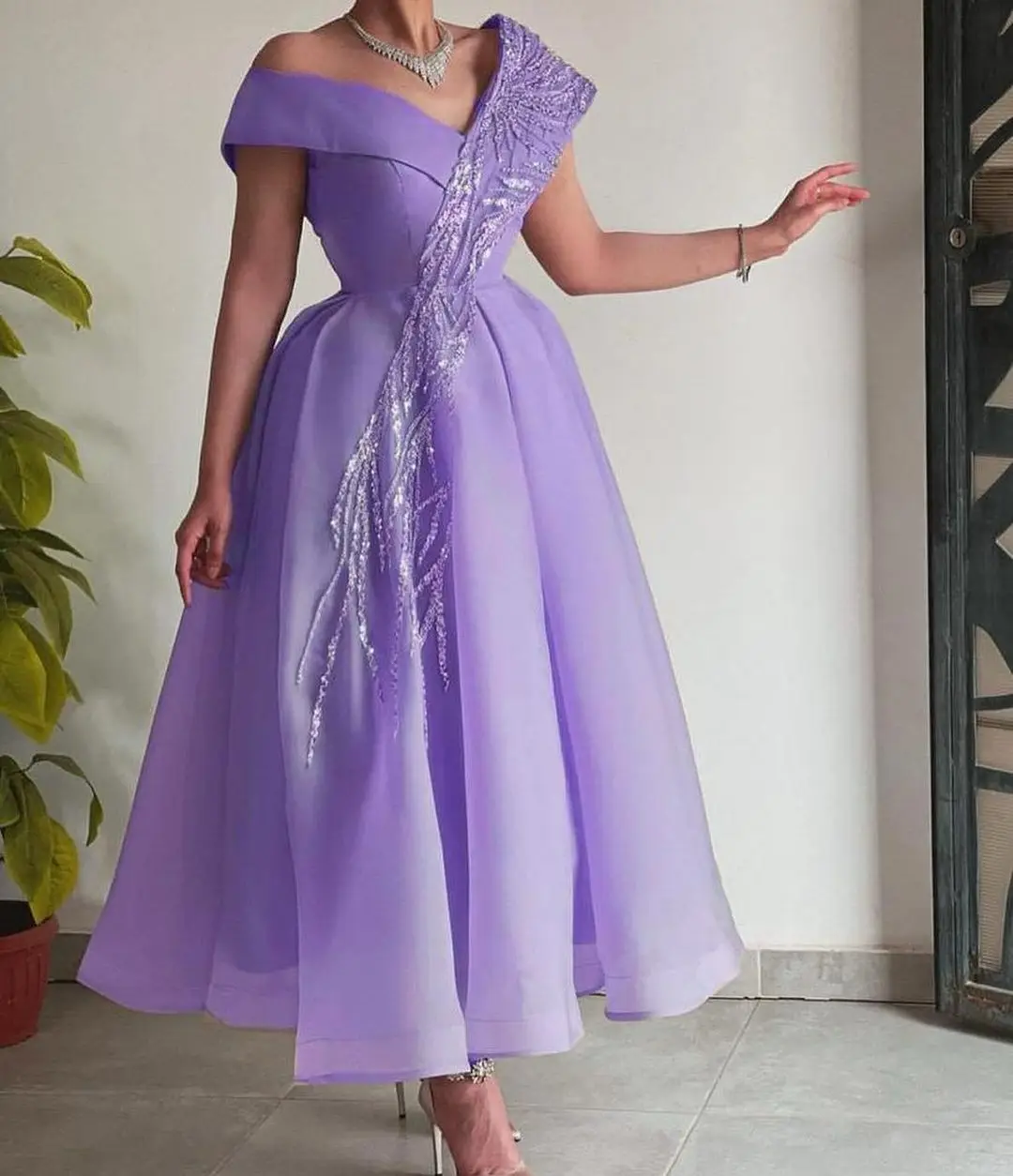 

Customized Off The Shoulder Prom Dresses Sequins Beadings Ankle Length Evening Dresses Back Zipper Pleated Formal Party Dresses
