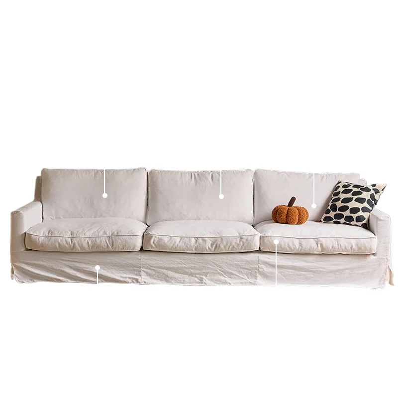 

Nordic fabric living room small apartment, cotton and linen removable French cream style, white sofa