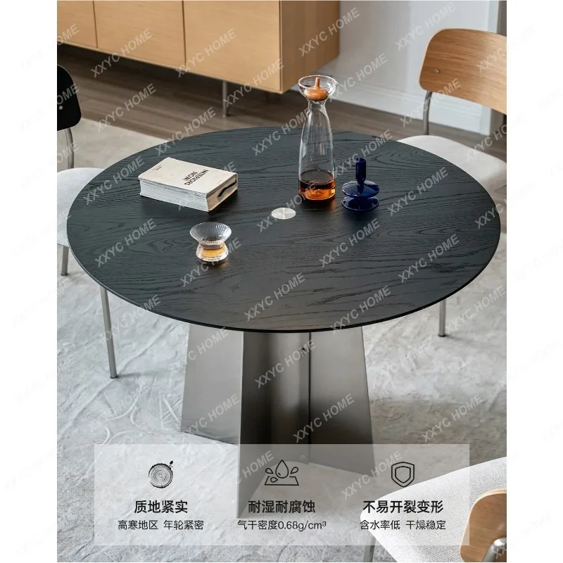 

SSModern simple round table solid wood dining table small apartment household black retro table