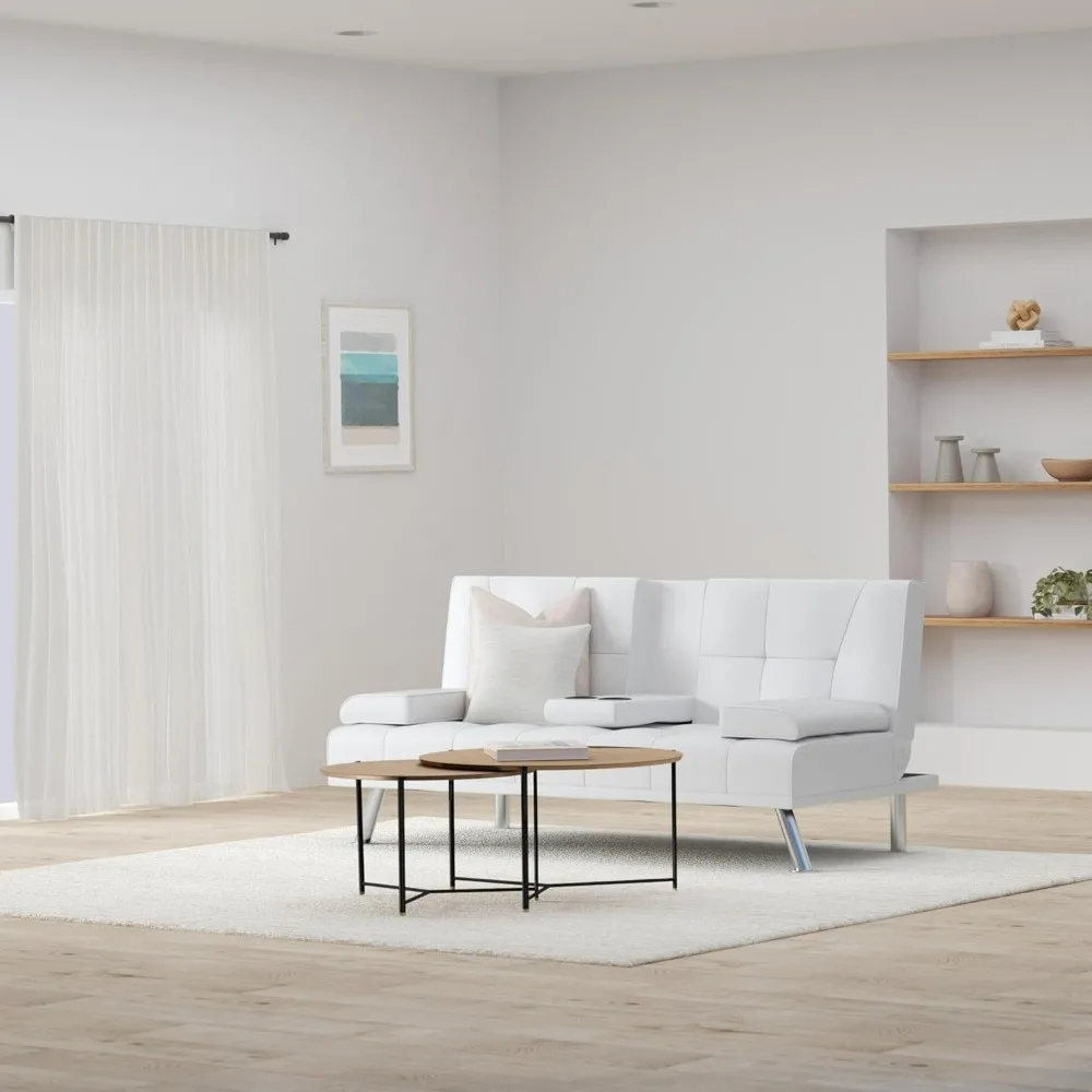 Best Choice White Faux Leather Convertible Futon Adjustable Folding Sofa Bed Removable Armrests Upholstered Modern Guest Bed