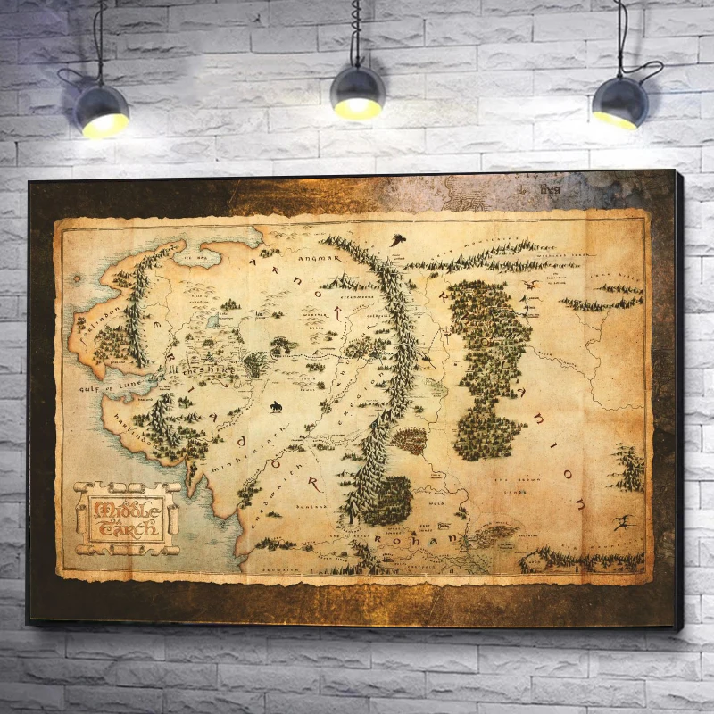 Mapa de la Tierra Media Vintage, pintura en lienzo, mapa Retro de la Tierra Media, lienzo abstracto, arte de pared, imagen, decoración artística para sala de estar