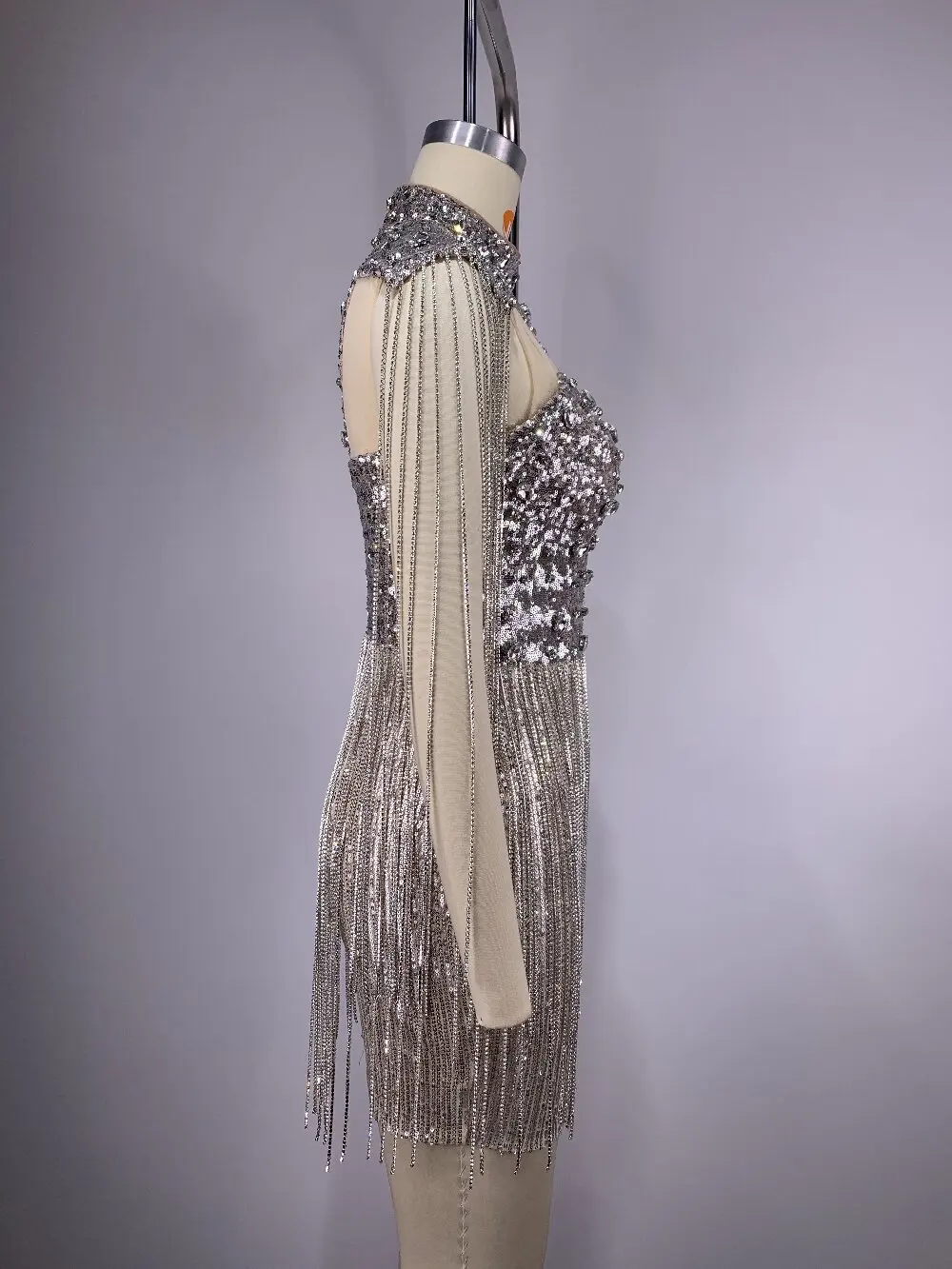 Chic Dress For Women Sexy Club Party Gown Fashion Diamond Chain Tassel Sequins Gauze Short Skirt Summer Vestidos(72h Shipment)