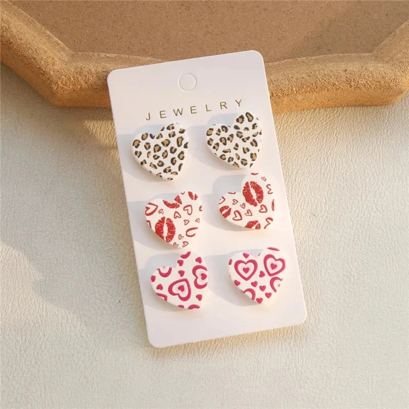 3 Pair Heart Shape Dot Print Women Earrings Trio Pink Black Red Color Heart Lovely Cute Girls Earring Set Sweet Gift Jewelry Set