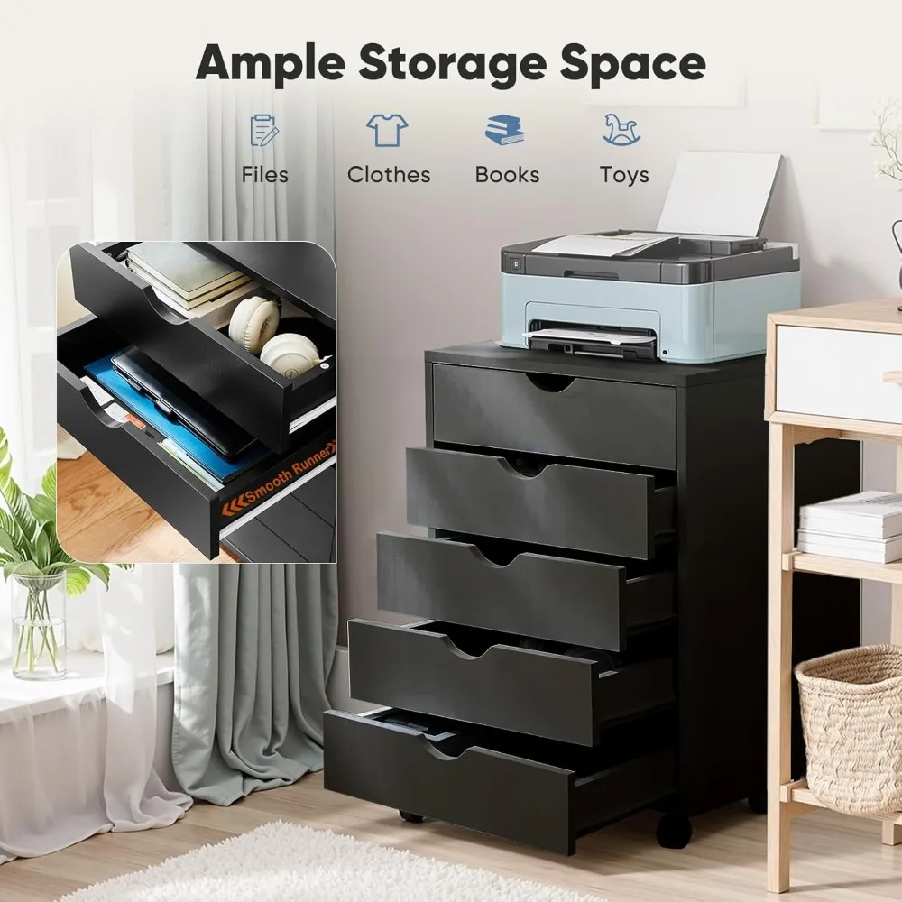 خزانة ملفات متنقلة مكونة من 5 أدراج تحت منظمة تخزين المكتب مع عجلات عمودية لحفظ الصدر وطابعة مكتبية صغيرة من الخشب #4