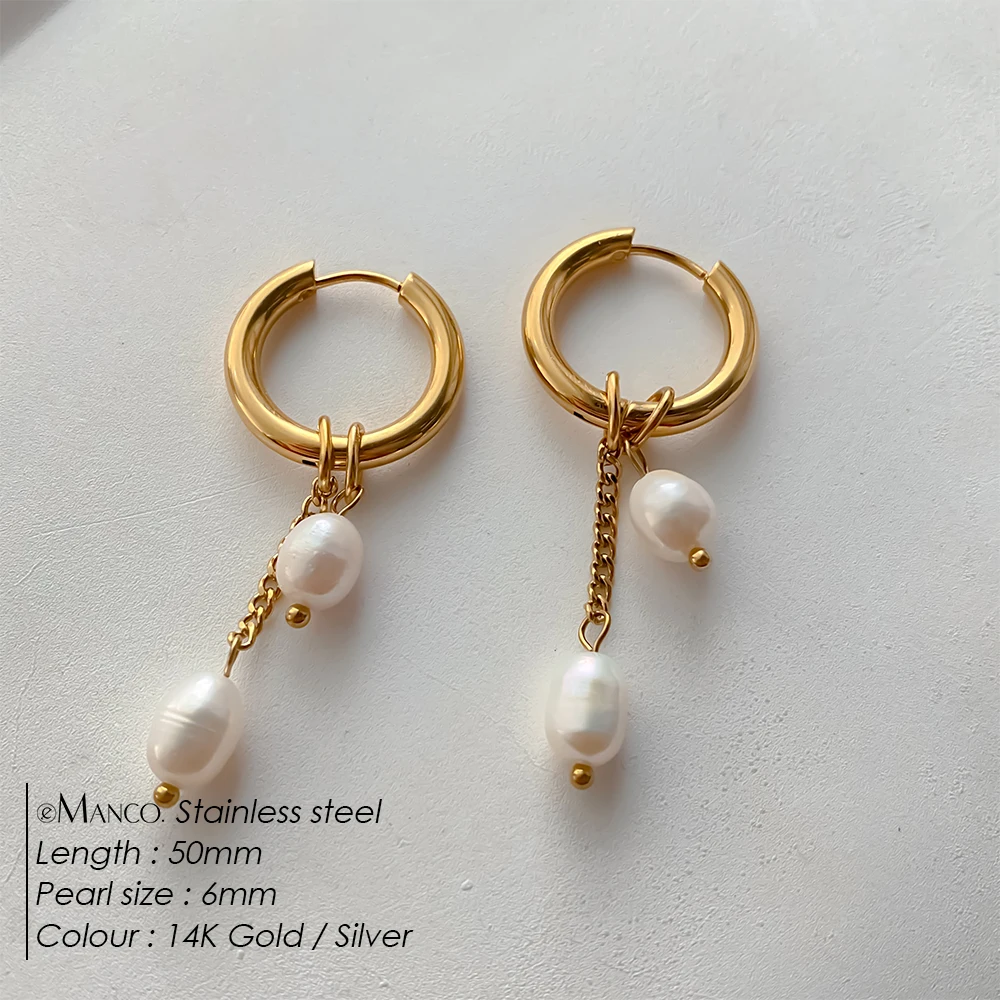 EMANCO Minimalist Style Freshwater Pearls Dangle Hoop Earrings Ideal for Dating and Office Chic Looks Stainless Steel Jewelry