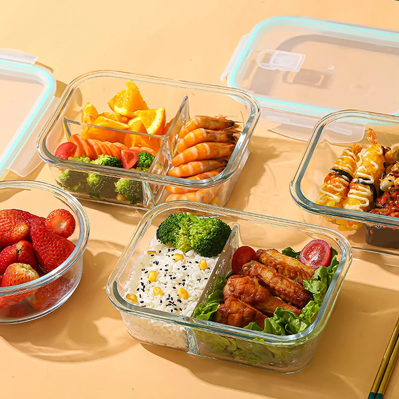 Caja de vidrio para mantenimiento fresco, recipiente de almacenamiento de alimentos de alta borosilicato, resistente al calor, para horno microondas, nevera bento