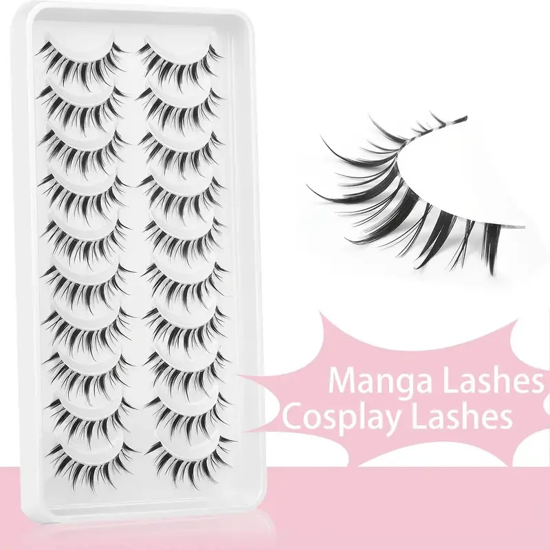 10 pairs of comic eyelashes - natural appearance, pointed cat eyes, single cluster, Korean anime false eyelashes - lightweight,