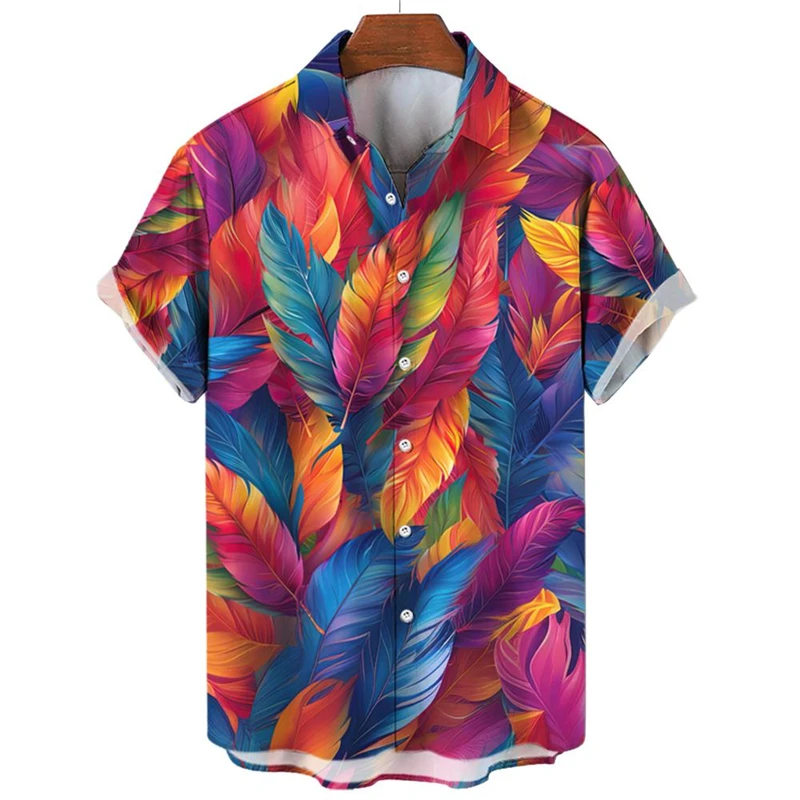 Colorful Feather 3d Printed Shirt For Men's Clothing Personality Street Lapel Shirts Tops Casual Fashion Single Breasted Blouse