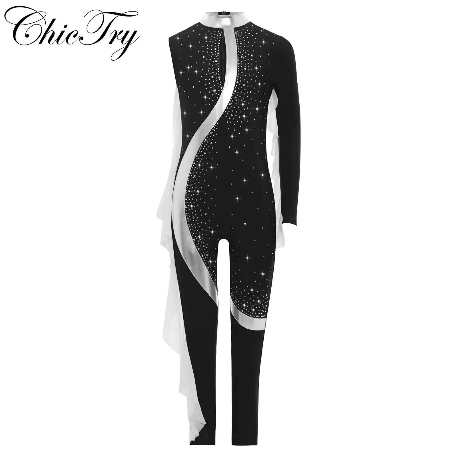 

Kid Girls Ballet Gymnastics Dance Leotard Figure Skating Jumpsuit Asymmetrical Long Sleeve Full Body Romper Rhinestones Bodysuit