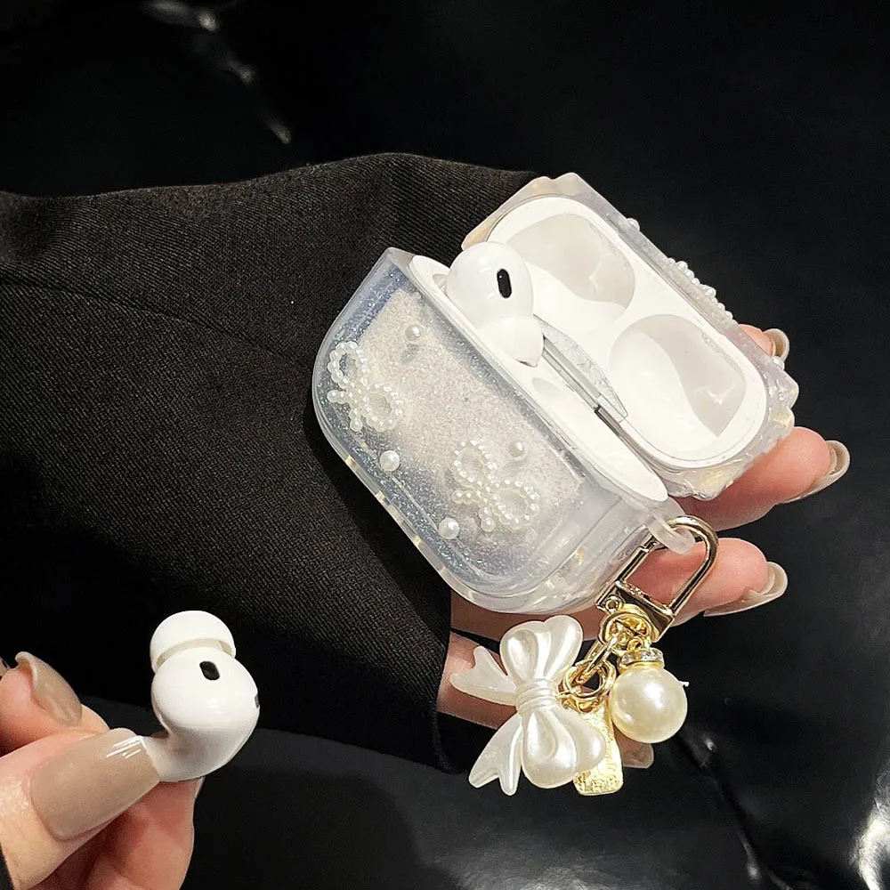 Earphone Case For Apple Airpods 1 2 Pro 3 Fundas 3D Pearl Bow Kont Pendant Ornament Wireless Headset Protective Cover Girl Gift