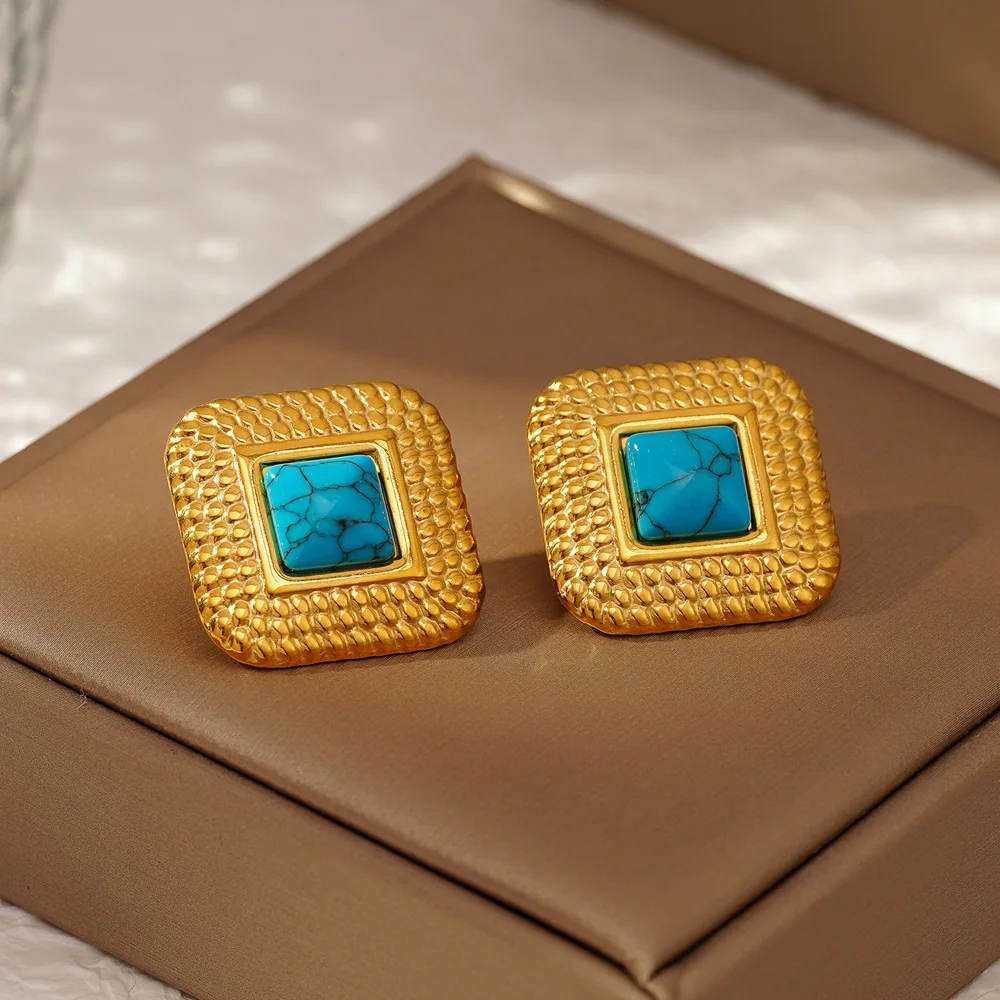 Stainless Steel Gold Plated Women Blue Stone Geometric Stud Earrings Jewelry Gift