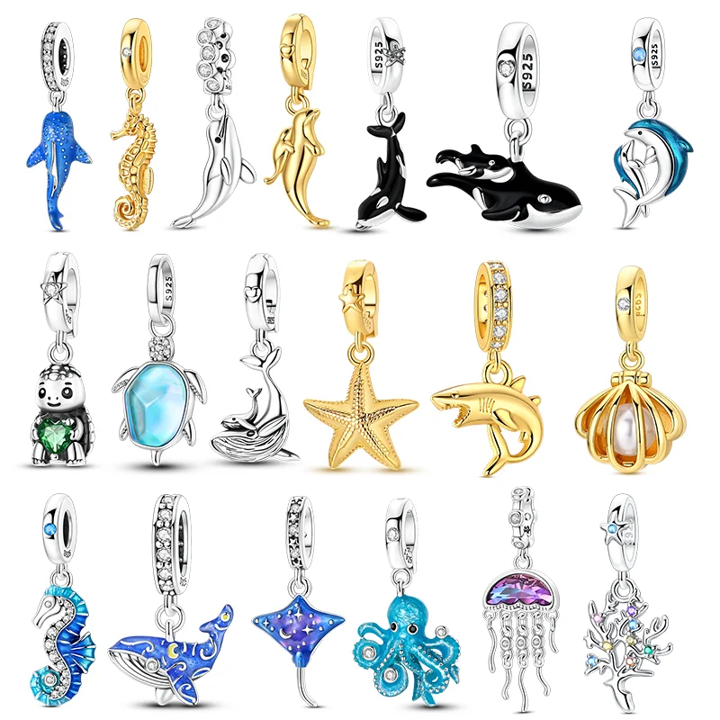 Pingentes originais de prata esterlina 925 com zircônia CZ em formato de tartaruga e tubarão, compatíveis com pulseiras, para joias DIY femininas, presente para amiga.