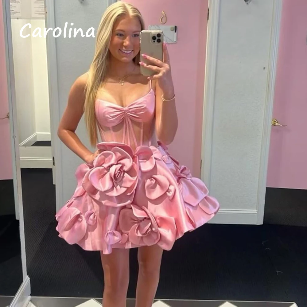 Carolina Short Satin Homecoming Dresses for Teens 2024 3D Floral Corset Prom Dress Spaghetti Strap Cocktail Dress