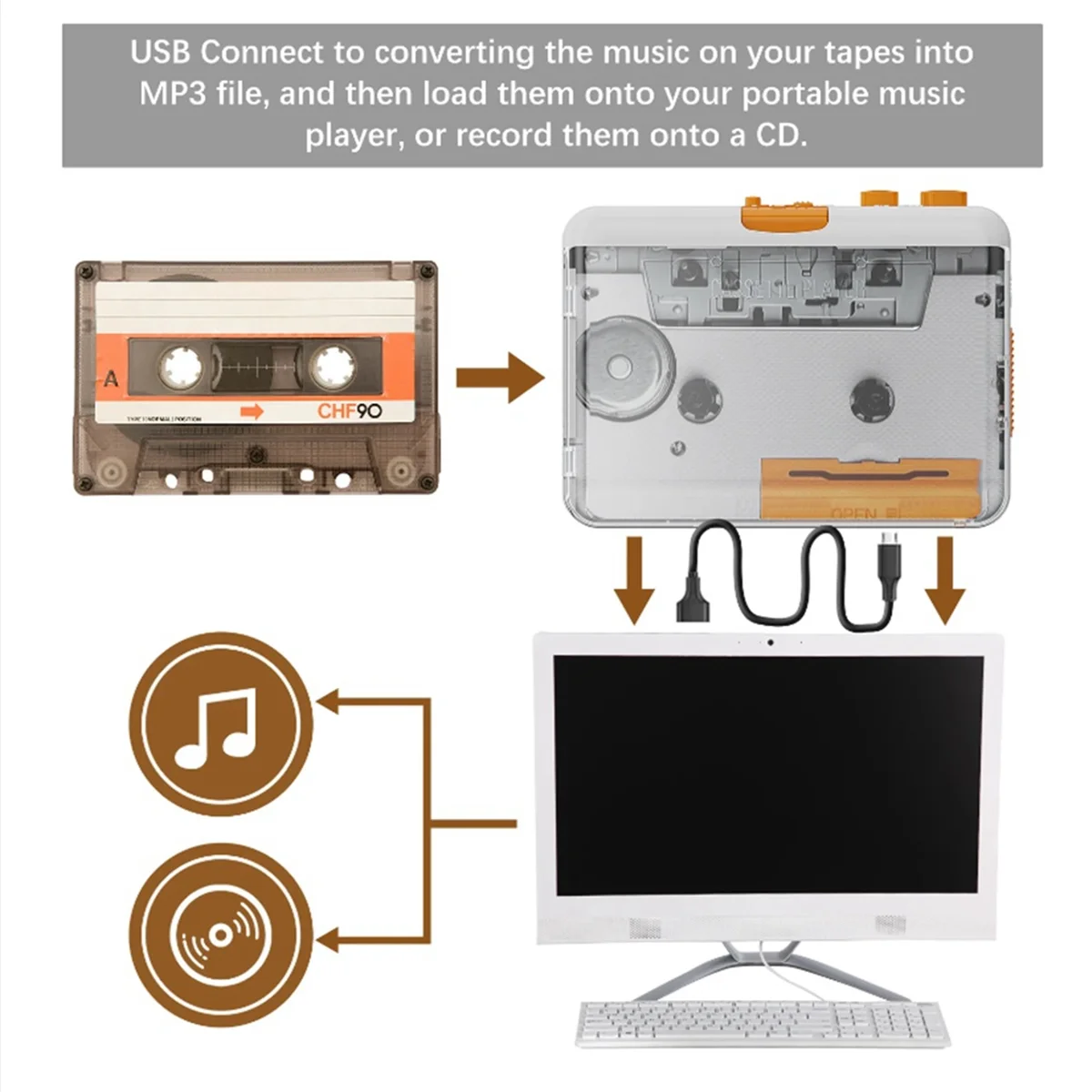 Portable Tape Player USB Tape Recorder Tape to MP3/CD Converter Via USB Laptop Compatible