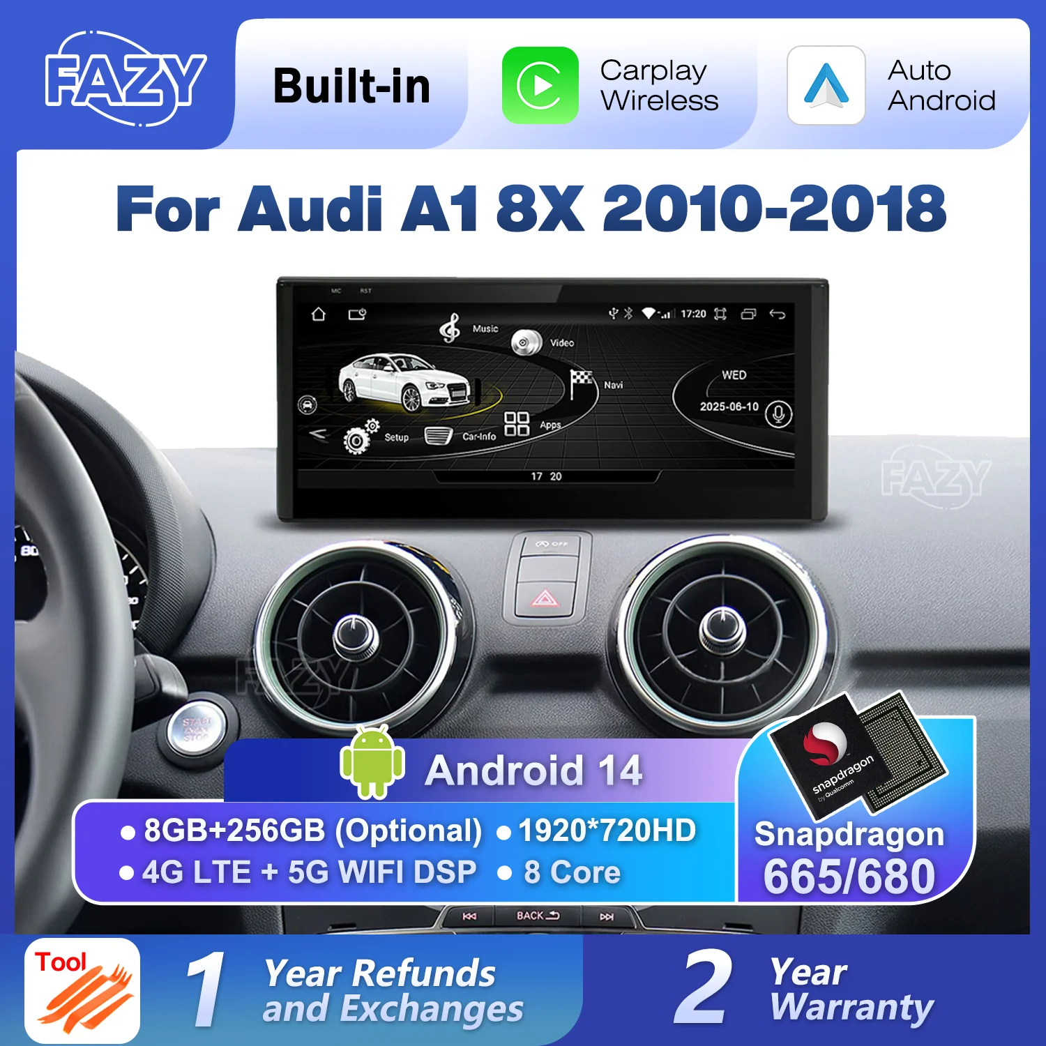Qualcomm 680 10.25'' Android Auto Radio Wireless Carplay Screen For Audi A1 8X 2010-2018 Car Stereo Multimedia Player GPS Navi