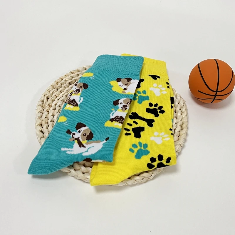 1 Pair Cartoon Cute Puppy and Footprint AB Style Trendy Personalized Men\'s Mid-Calf Socks