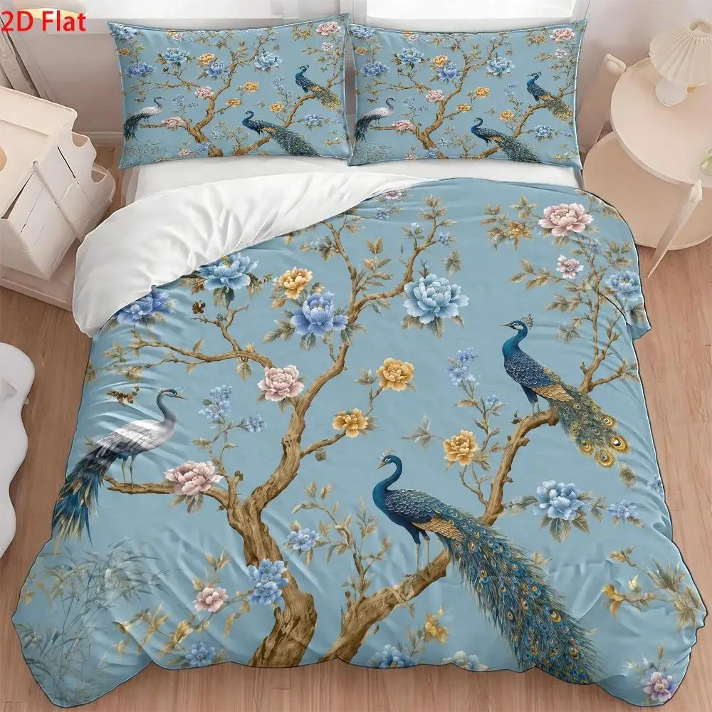 3Pc Peacock Floral Print Quilt Cover Set, Bedding Three-Piece Set (1*Quilt Cover + 2*Pillowcases), Quilted Duvet Cover, Personal Bedding, All-Season, Light Luxury Style, Skin-Friendly and Breathable, Easy to Clean and Durable, Anti-Wrinkle, Machine Washable, Invisible Zipper, Cozy Home Bedroom Decor, Suitable for Student Dormitory, Home Master Bedroom, Guest Room, Modern Minimalist Nordic Style, Soft and Comfortable Large Bedspread Set, Bedding Three-Piece Set 3P
