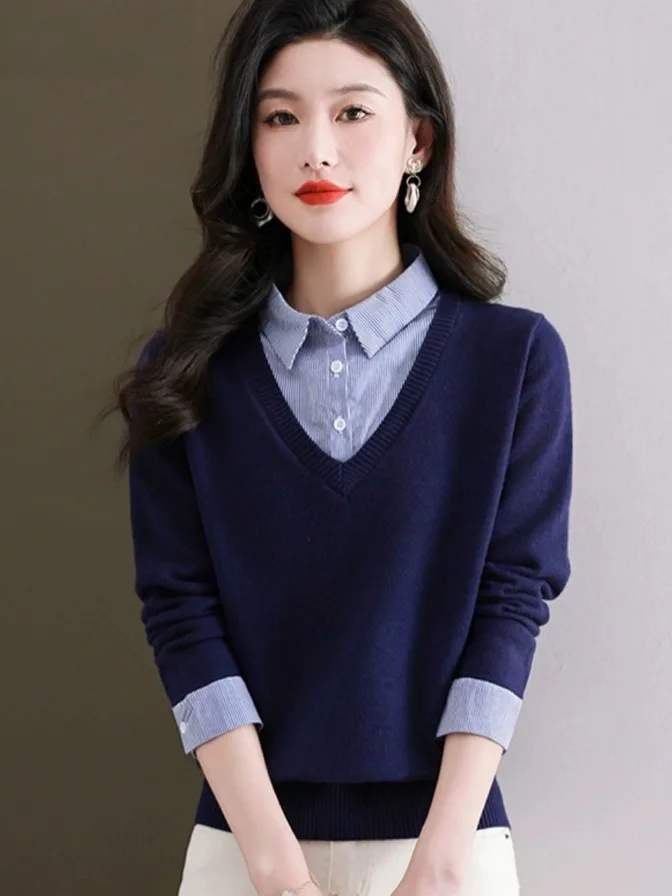 Otoño Invierno mujer Ne falso suéter de punto de dos piezas largo Sve mezcla de lana suave Casual Sle calidez cómoda