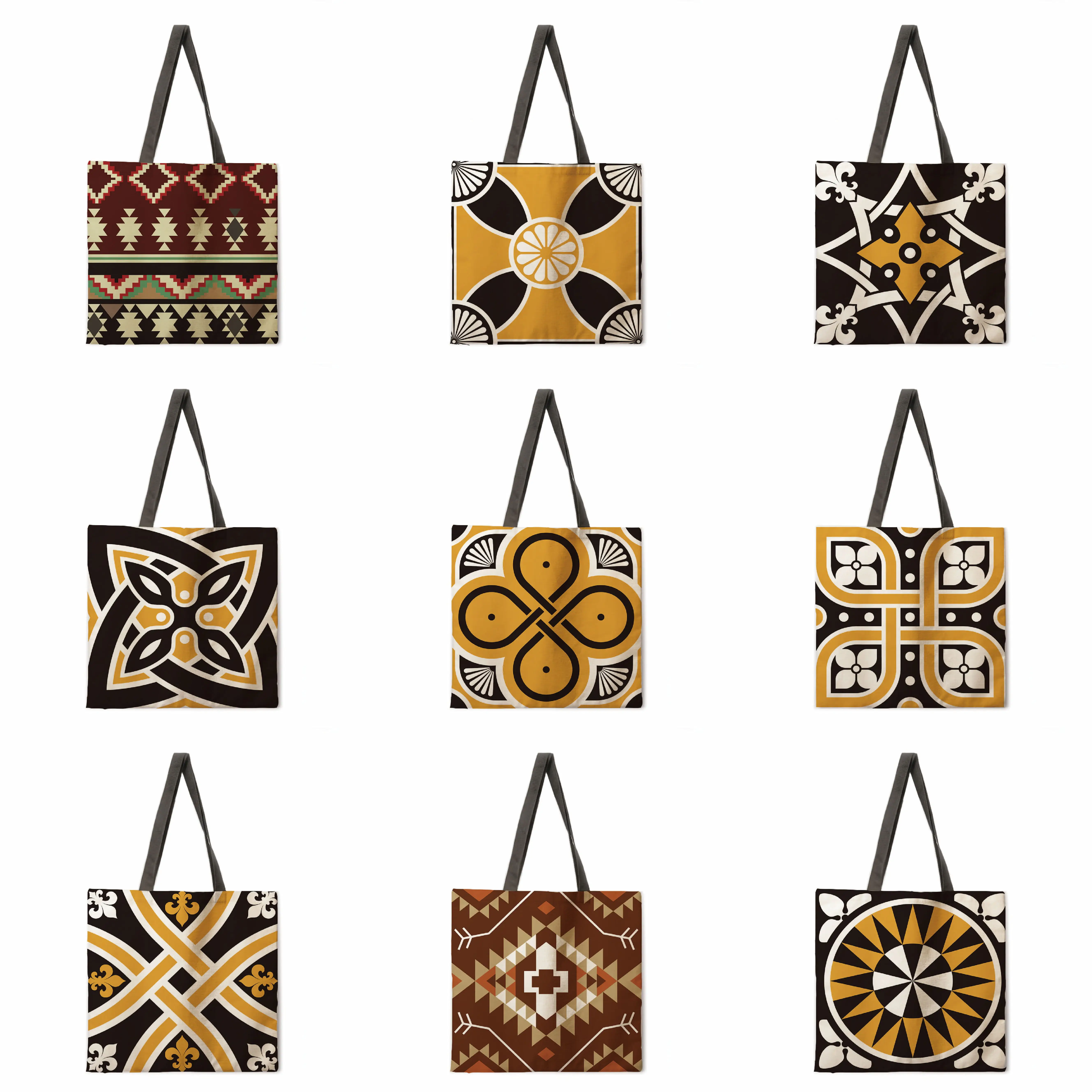 

Black and yellow geometric linen bag handbag lightweight shoulder bag large capacity eco-friendly shopping bag tote bag