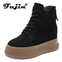 Fujin 10cm British Platform Ankle Boots Motorcycle Punk Spring Autumn Winter Suede Leather Women Lace Up Has Plush Zipper Shoes