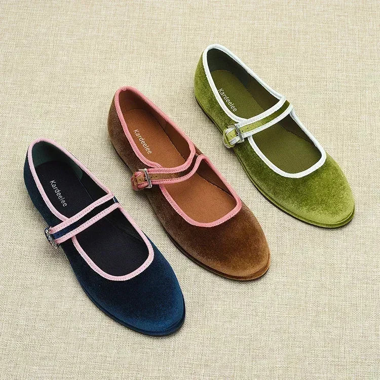 Spanish style Flats Round Toe Women\'s Shoes Velvet Flats Fashion Mary Jane Shoes Women Shoes Green Blue Brown