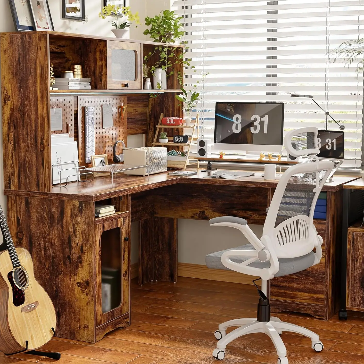 L Shaped Desk with Drawers, 60 Inch Office Desk with Power Outlet and LED Lights, Sturdy Corner Computer Desk