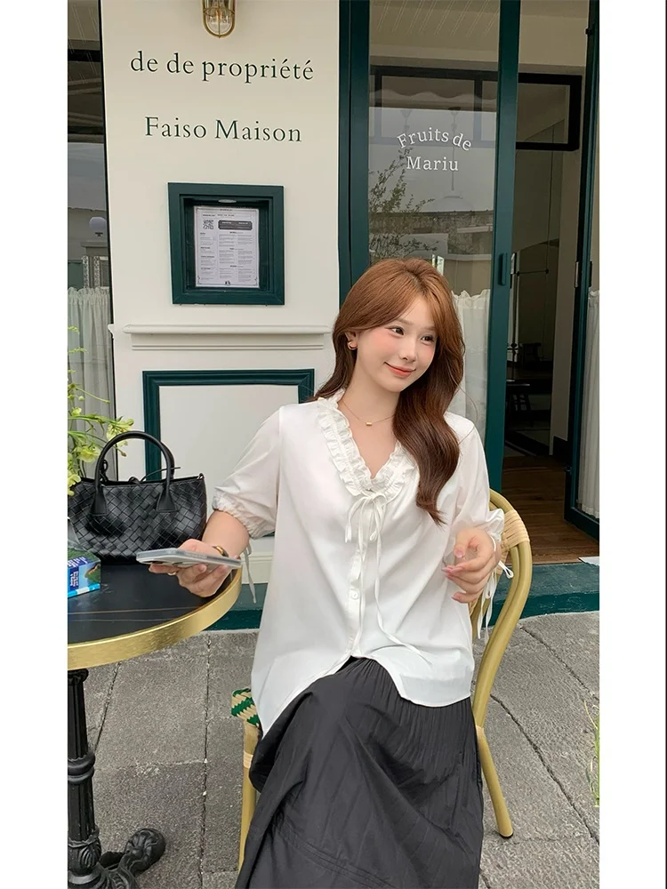 

Chic V-Ne ort Sve irt for plus Size Women Knot Casual French Sle Loose Fit Summer Top Ele Sister