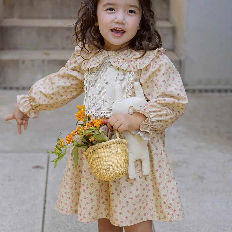 Autumn Korean Children Girl Flip Collar Princess Countryside Broken Flowers Dress Casual Simple Fashion 2024 Sweet