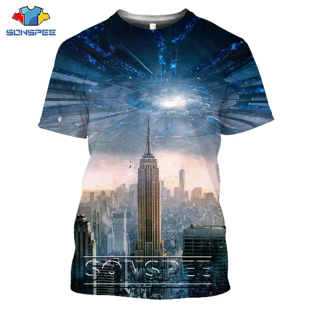 SONSPEE 3D Printed City Building T-shirt Alien Technology Wind Clothing Fashion Science High-rise buildings Fiction Trend Tops