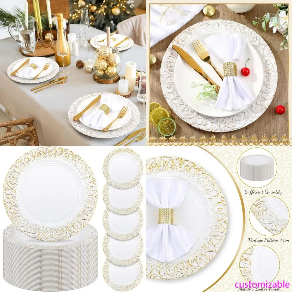 

50 Pack Vintage-Style Charger Plates, 13 Diameter, Embossed Edge, Plastic, Ideal for Dinner, Weddings, and Party Table Settings