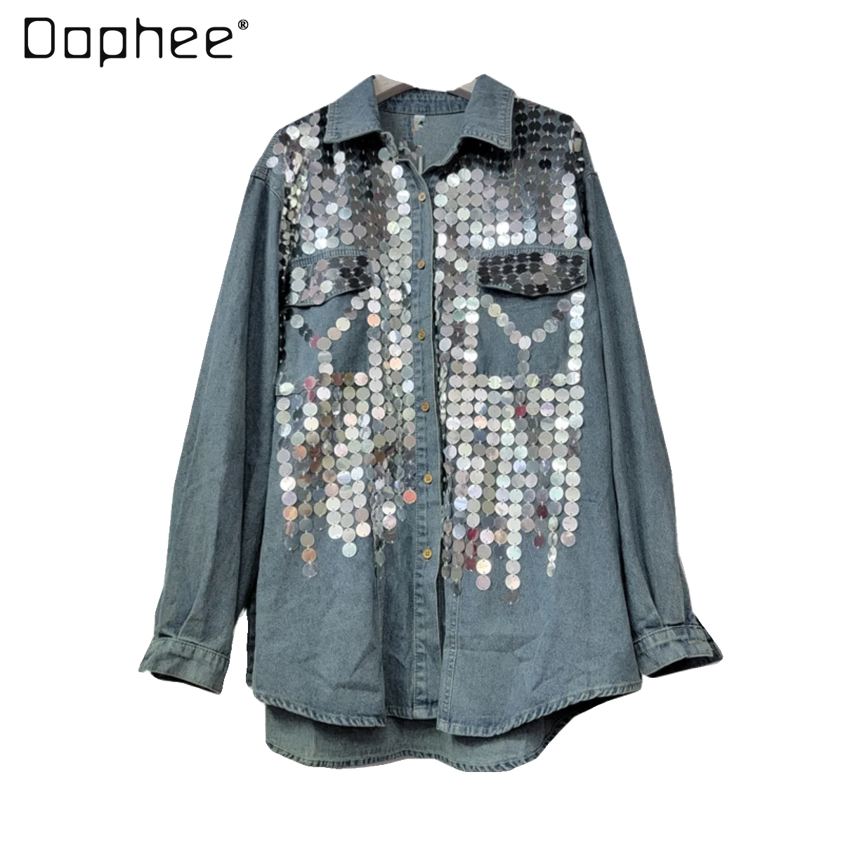 Streetwear Sequined Denim Shirt for Women 2024 Spring New Loose Woman Single Breasted Long Sleeve Jean Shirts Blusas Tops Mujer