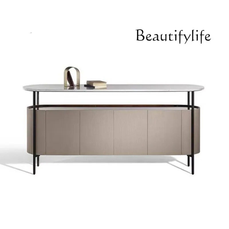 R Modern Simple Solid Wood Dining Side Cabinet Italian Light Luxury Marble Surface Four-door Small Apartment Saddle Leather