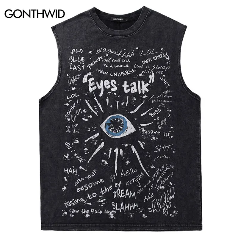 Vintage Tank Tops Streetwear Hip Hop Graffiti Letter Eye Graphic Print Sleeveless T-Shirt Y2K Men Harajuku Punk Washed Shirts