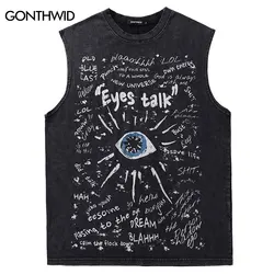 Vintage Tank Tops Streetwear Hip Hop Graffiti Letter Eye Graphic Print Sleeveless T-Shirt Y2K Men Harajuku Punk Washed Shirts