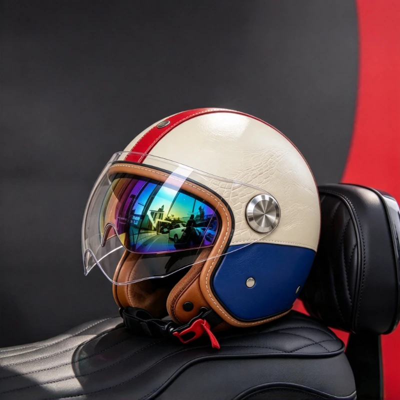 KAESE New Style 3/4 Open Face Motorcycle Helmet Dual Visor Red White Blue Color Block Leather Look High-density ABS Shell