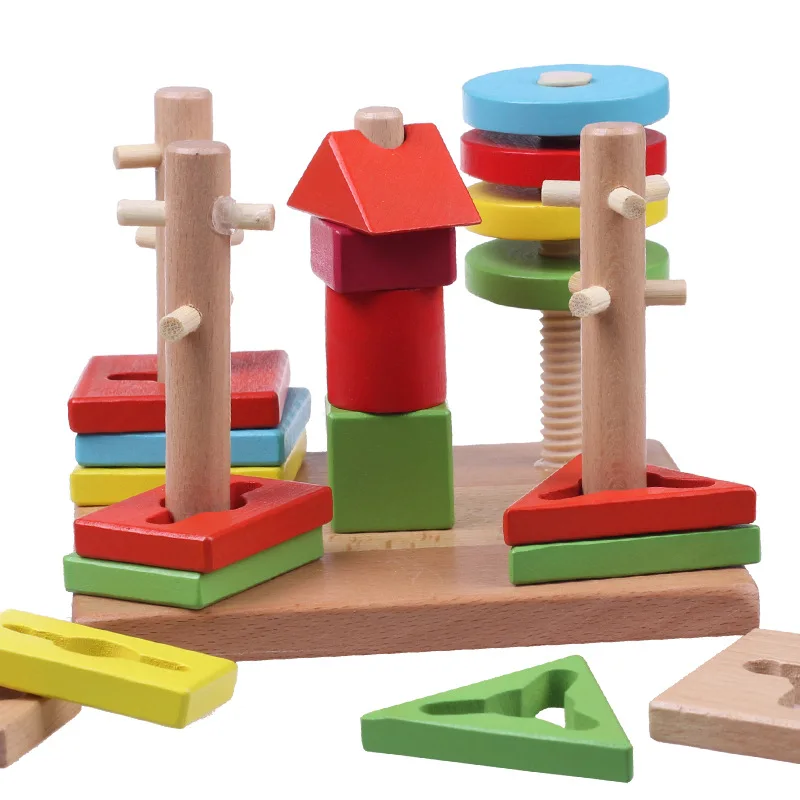 Children Educational Wooden Toys Colorful Wisdom Plate of Column Geometry Paired Sets of Column Toy Blocks