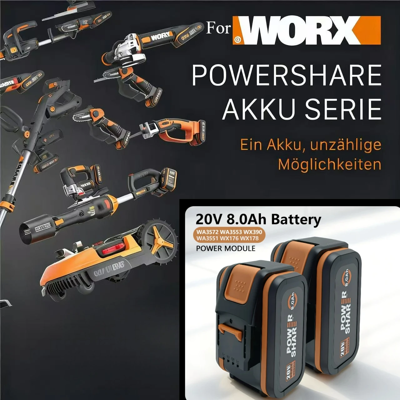 

Compatibile con Worx 20V elettroutensile senza fili WX386, WX386.9, WX550.1, WX550.9, WX384.1, WX166.3, WX176, WX178.9, WX279