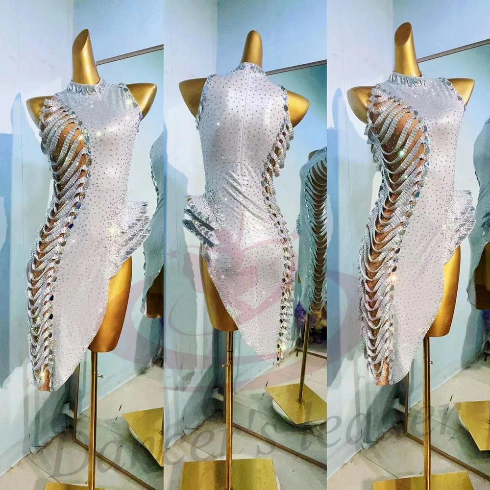 Latin Dance Costume AB Stone Female Adult Children High end Customized Side Chain Dress Black Pool Samba Dress