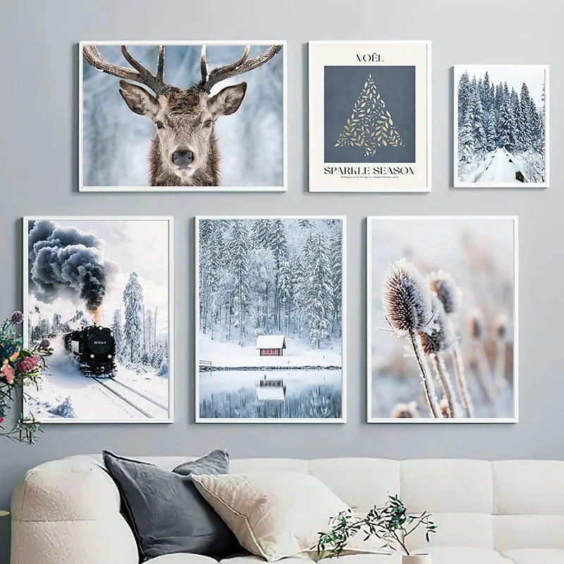 Winter Snow Forest Landscape Canvas Painting Modern Art Printed Poster Train Deer Squirrel Pine Nut Mural Shopping Mall Decor
