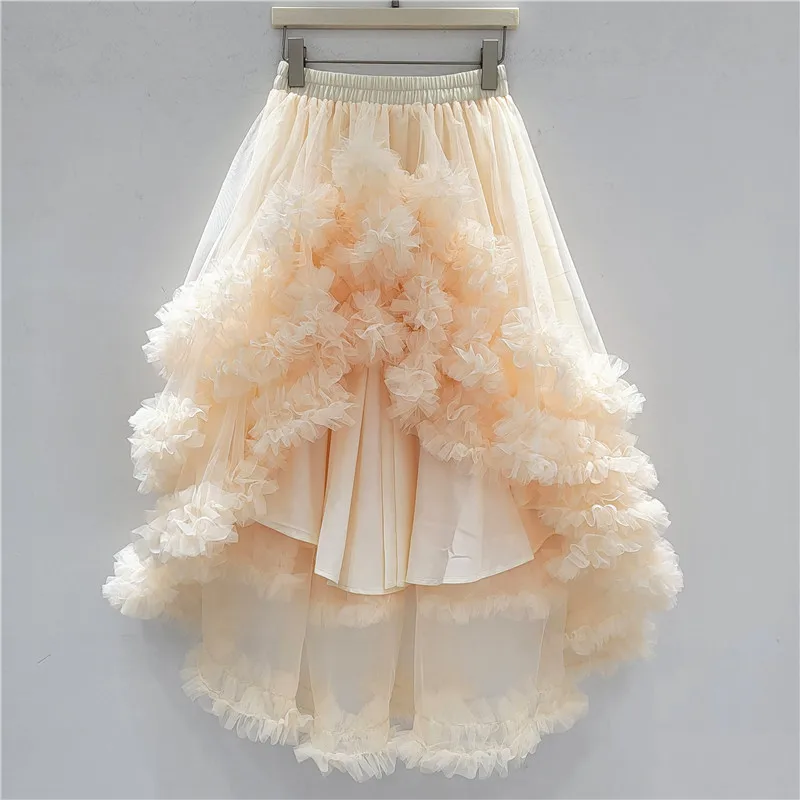 

Womens Fashion Mesh Midi Skirts Solid Color Irregular Ruffles Cake Elastic Waist Skirts Summer New Party Skirts Streetwear 2025