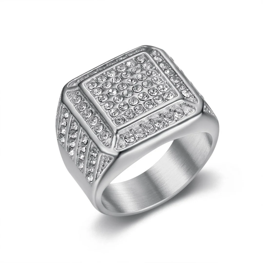 Hip Hop Luxury Square Full Zirconia Men Ring 19mm Chunky Gold Silver Color Stainless Steel Rings for Man Jewelry Wholesale Bulk
