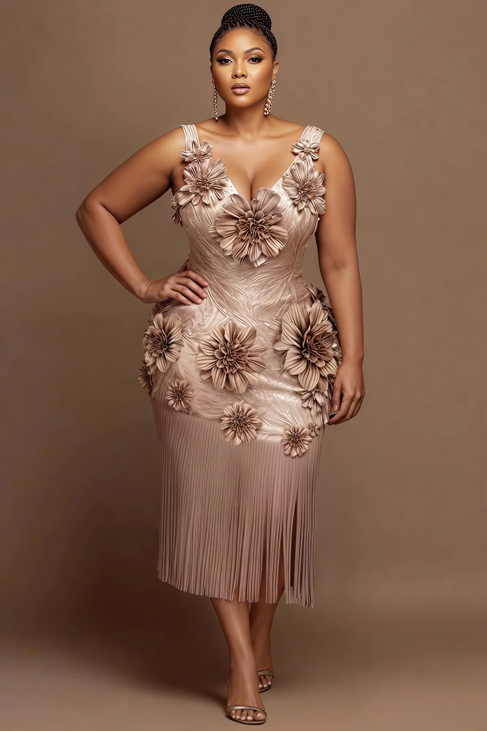 

Plus Size Cocktail Party Gold V Neck 3D Elegant Midi Dresses