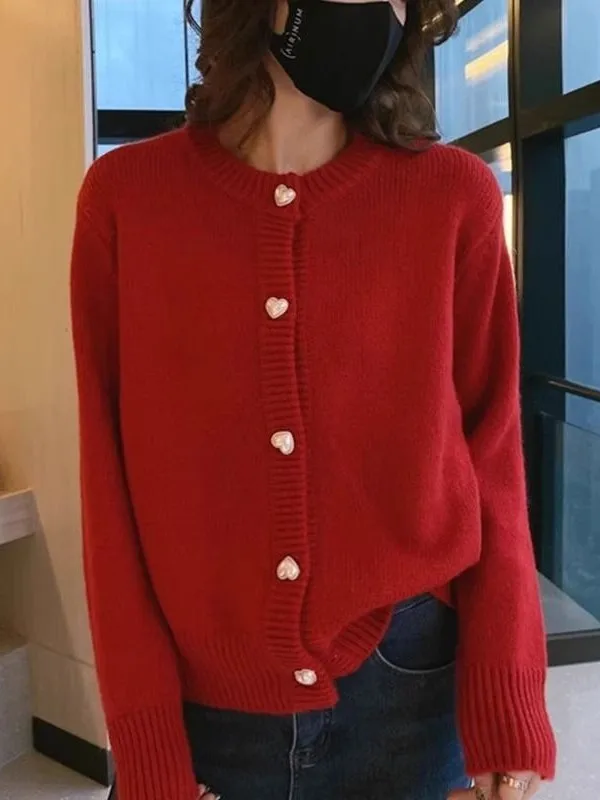 

Мужской вязаный кардиган оверсайз с красными сердечками, на пуговицах, весна-осень, свободный крой, мягкий трикотаж, полиэстер