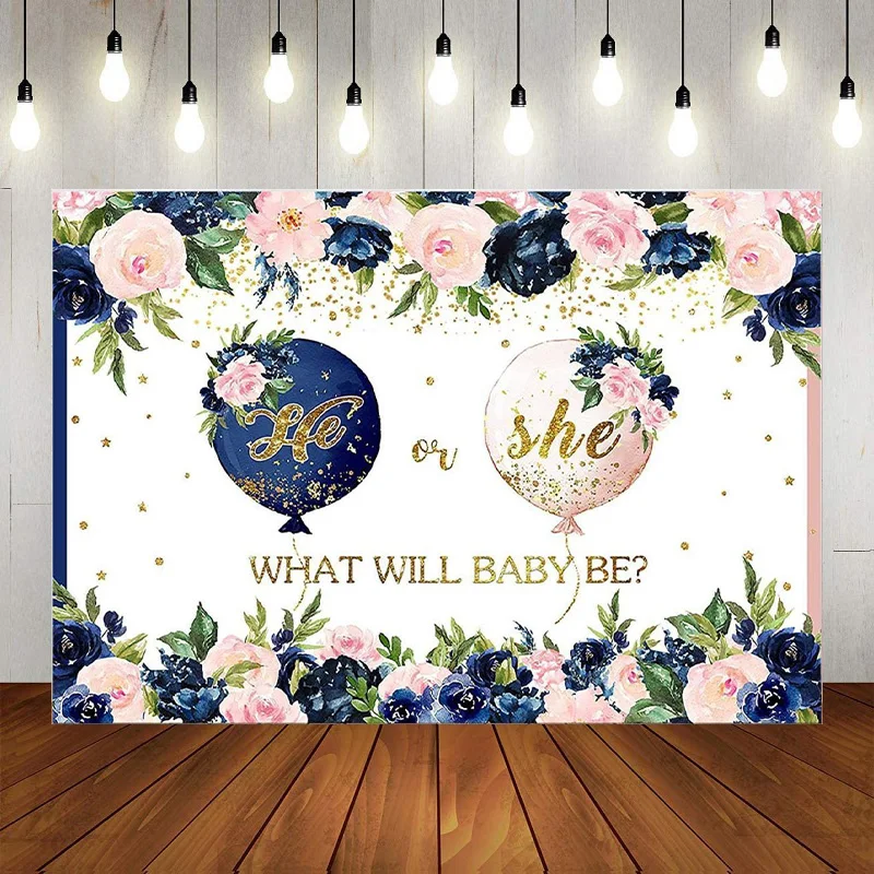 

Boy Or Girl Gender Reveal Photography Backdrop Pink Blue Dots Balloon Background He Or She Baby Shower Party Banner Decorations