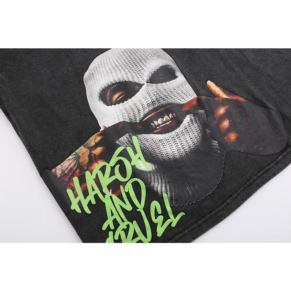 Graphic Printed Washed Cotton Men\'s T-shirt Summer Off Shoulder Shirts Harajuku Man Hip Hop Streetwear Oversized Loose Top Tees